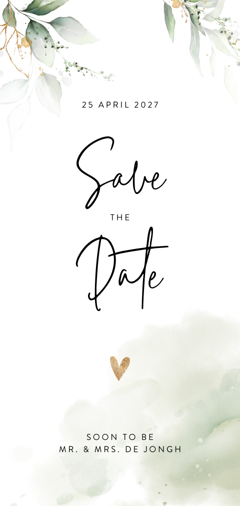 Save the date kaart met bladeren en goudkleurige spetters