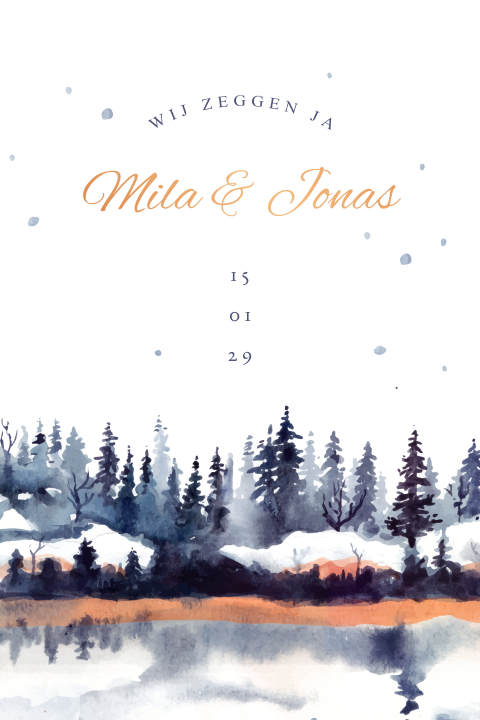 Trouwkaart met winters landschap en koperfolie