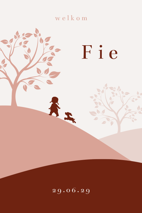Geboortekaartje met klein silhouet meisje en hondje in landschap