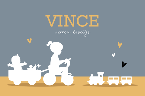 Geboortekaartje silhouet zusje met baby jongen op de fiets