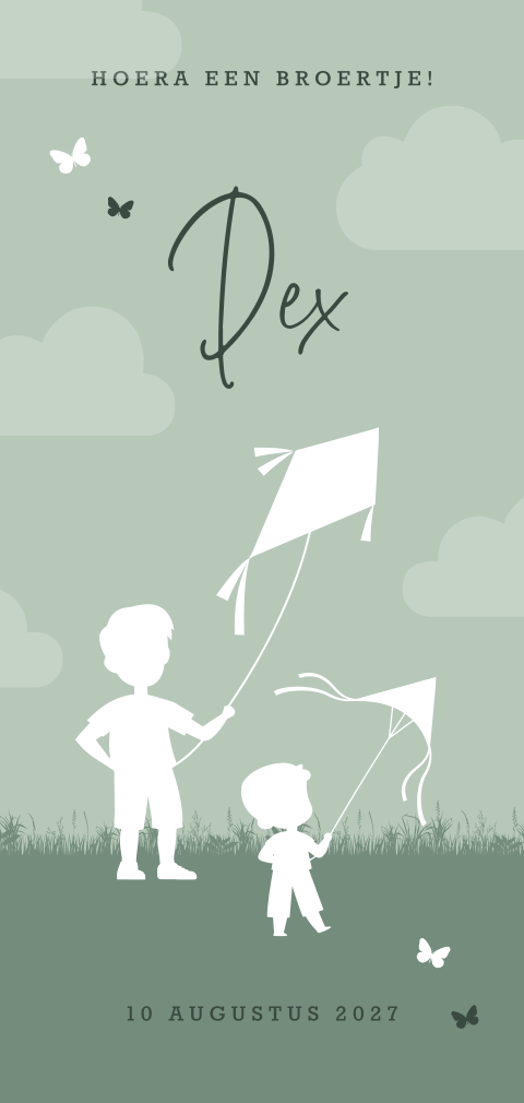 Groen geboortekaartje jongen met grote broer en vliegers