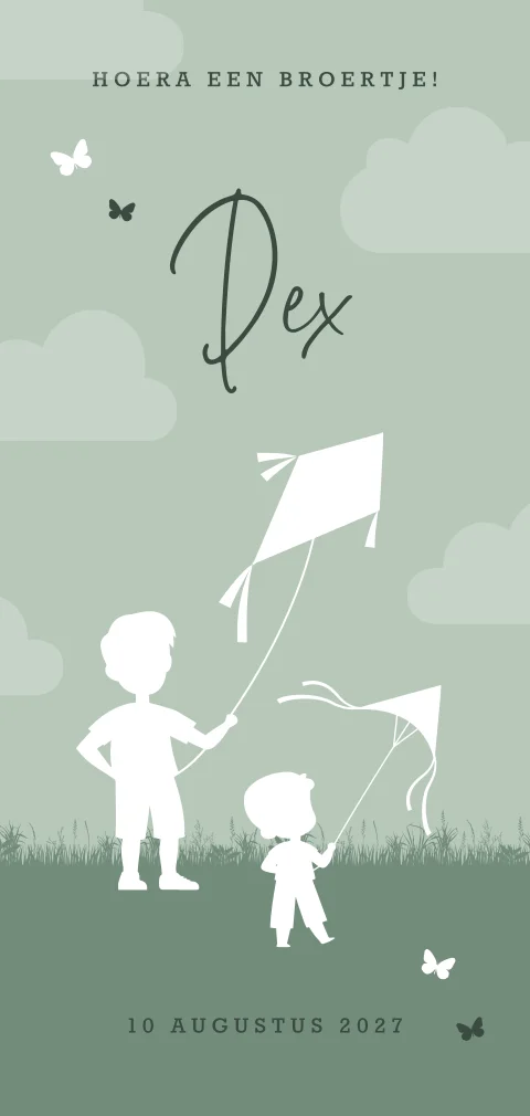 Groen geboortekaartje jongen met grote broer en vliegers