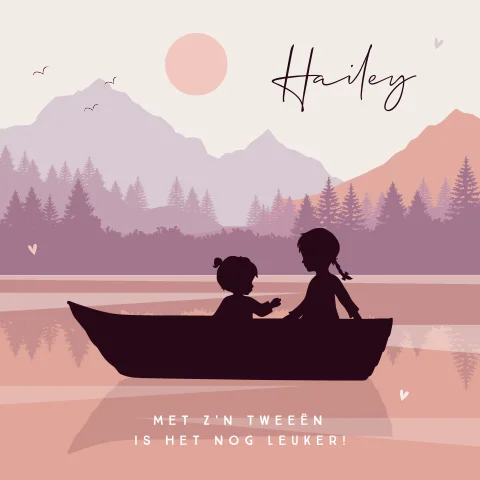 Lila en zalm geboortekaartje silhouet met zusjes in bootje