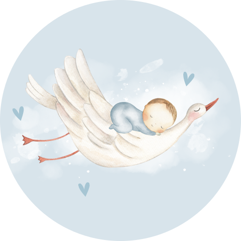 Lieve lichtblauwe sluitsticker met ooievaar en baby