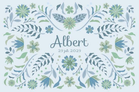 Blauw retro geboortekaartje voor een jongen met blauw bloemen