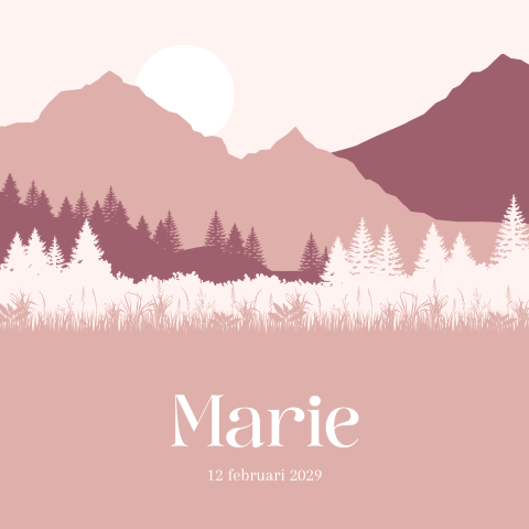 Roze meisjeskaart met berglandschap en bomen