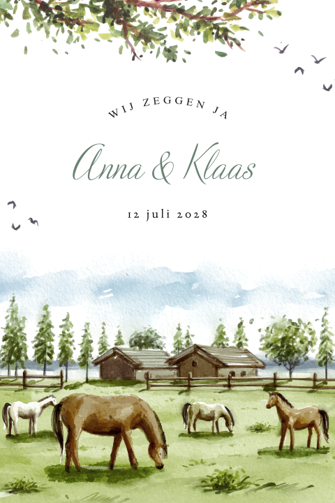 Trouwkaart met paarden in de wei – landelijke aquarel trouwkaart