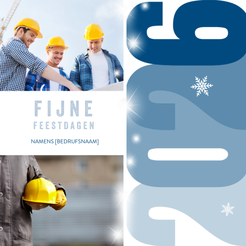 Blauwe kerstkaart met foto's bouw en 2026