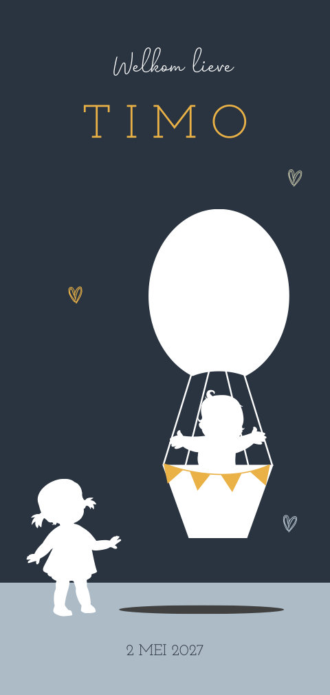 Silhouet geboortekaartje zusje luchtballon met jongen