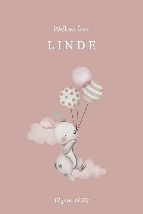 Geboortekaartje met konijn aan roze ballonnen