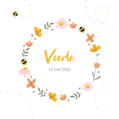 Lente geboortekaartje meisje met krans bloemen, bladeren en bijtjes