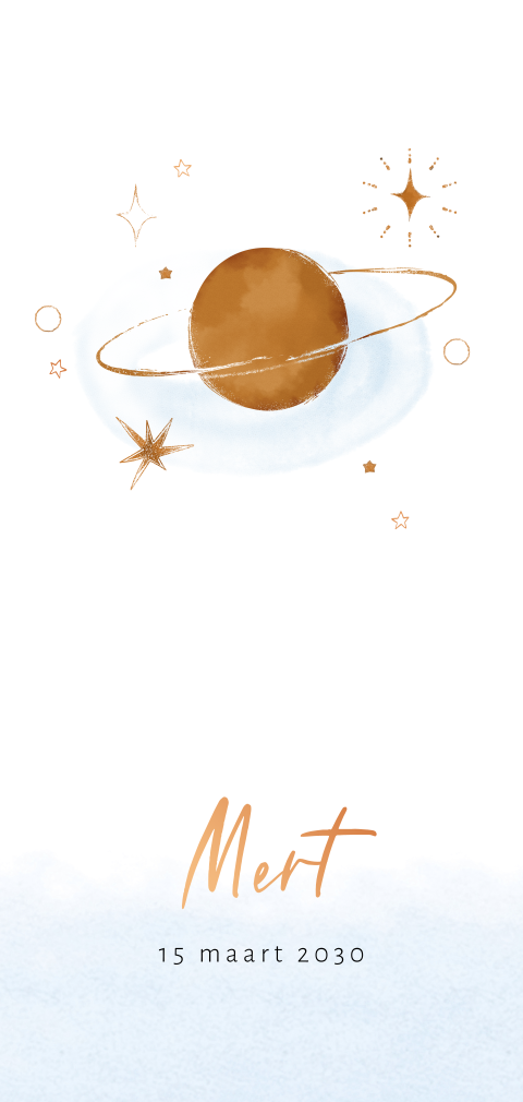 Geboortekaartje planeet en sterren in roestbruin met koperfolie