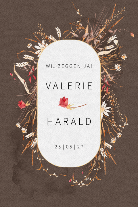 Hippe trouwkaart met droogbloemen in donkerbruin