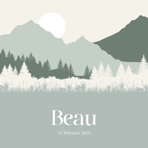 Groene geboortekaart bergenlandschap met bomen en zon