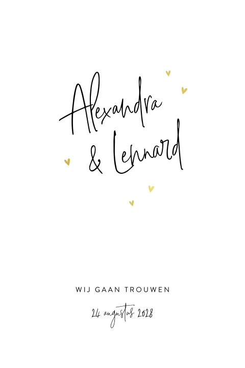 Witte trouwkaart met sierlijke typografie en gouden hartjes