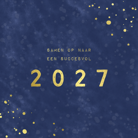 Donkerblauwe kerstkaart met goudfolie spetters en 2027