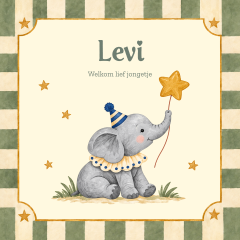 Circus geboortekaartje met olifant en groene strepen