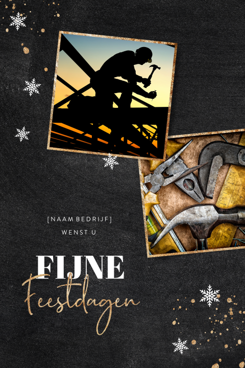 Zwarte kerstkaart bouw met goudlook fotokaders en spetters