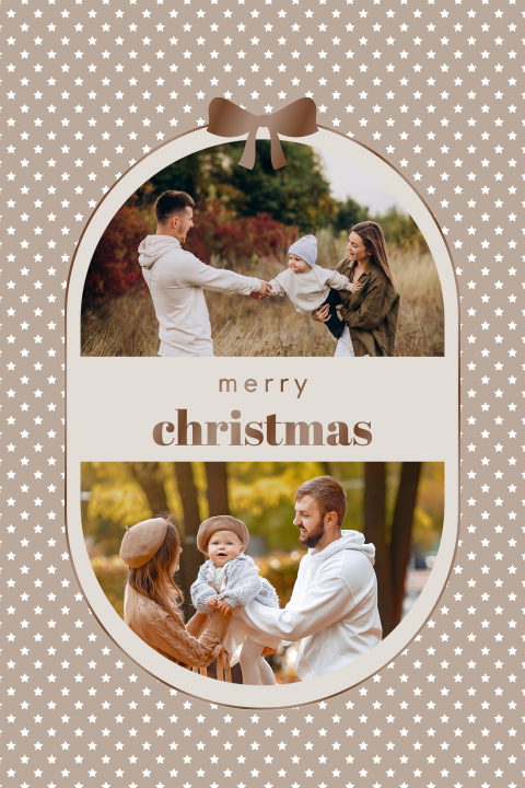 Kerstkaart met sterren en strik in beige