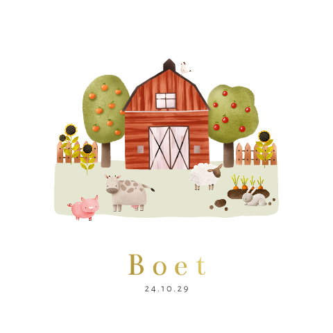 Boerderij geboortekaartje met goudfolie naam
