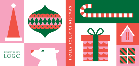 Kleurrijke kerstkaart met grafische tekeningen en logo