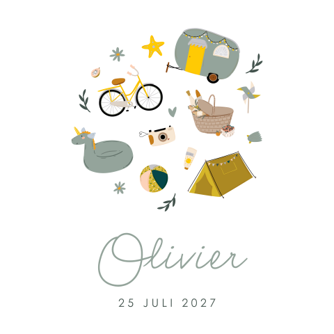 Zomer geboortekaartje met camping illustraties voor een jongen