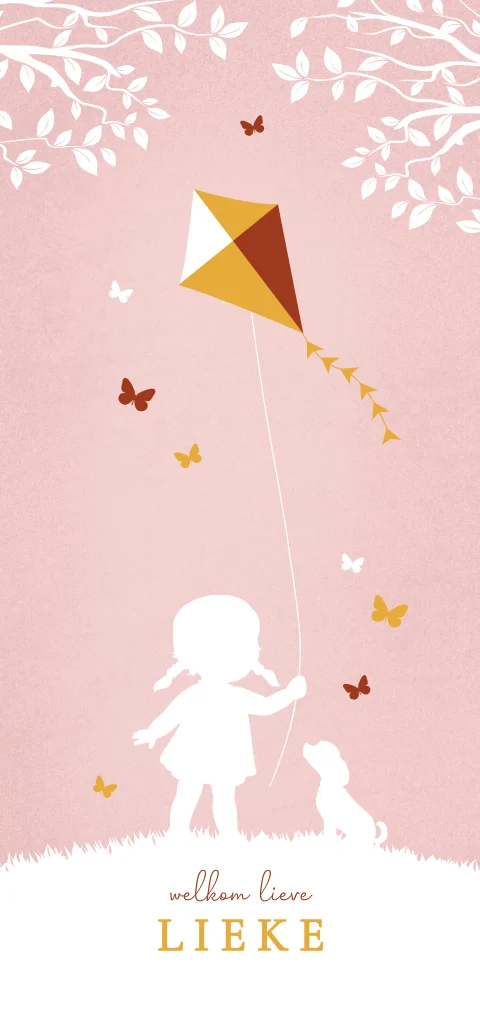 Silhouet geboortekaartje met meisje en vlieger in de lente