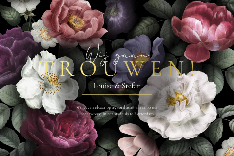 Zwarte trouwkaart met klassieke bloemen en goudfolie