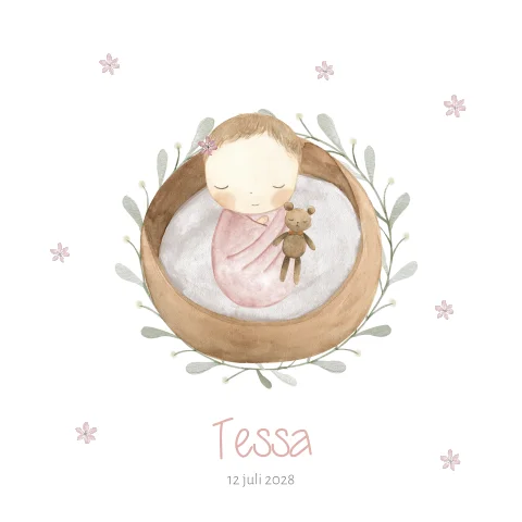 Getekend geboortekaartje met baby meisje in mandje