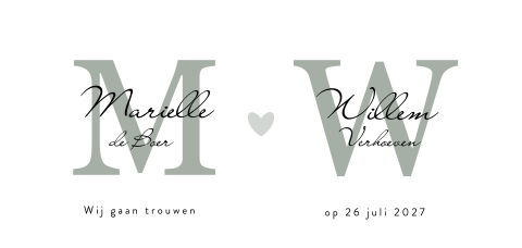 Witte originele trouwkaart met de initialen van jullie namen in groen