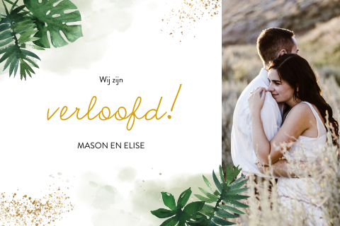 Botanische verlovingskaart met bladeren en foto