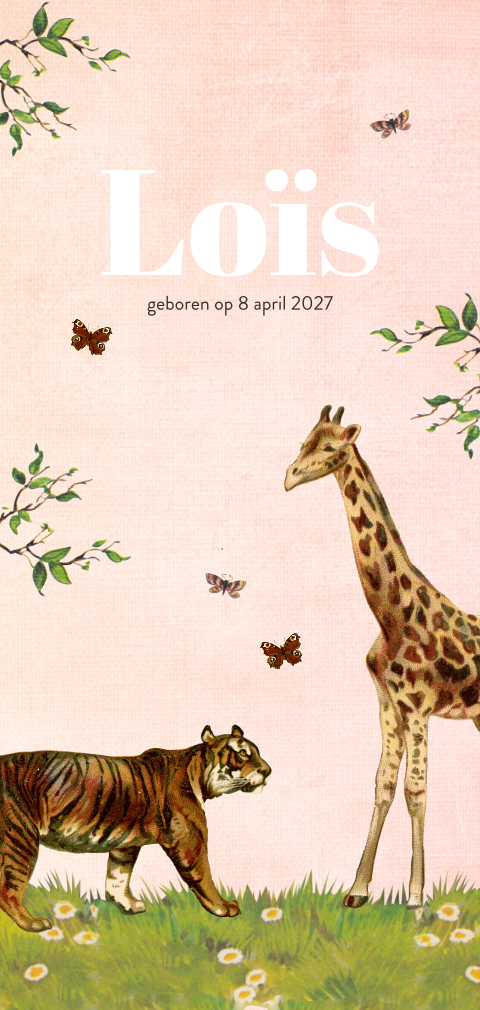 Retro roze geboortekaartje met  jungle dieren en vlinders