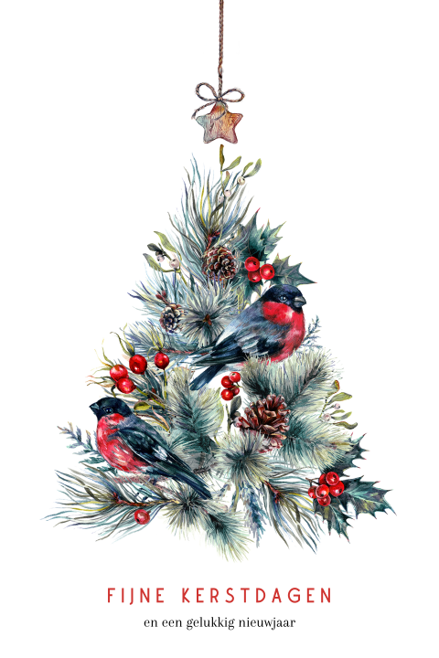 Aquarel kerstkaart met naaldtakken, dennenappels en goudvink