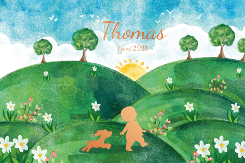 Landschap met zon en silhouet jongen met hond op geboortekaartje