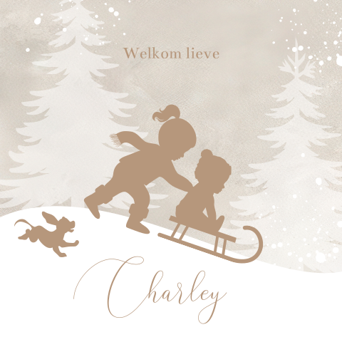 Winter geboortekaartje silhouet baby en zusje in beige