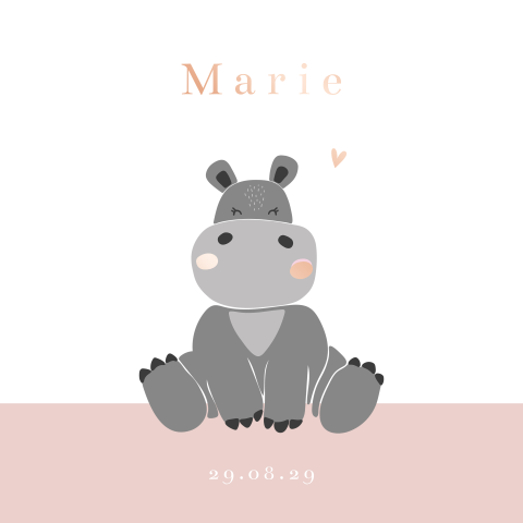 Lief geboortekaartje meisje met nijlpaard en roségoudfolie