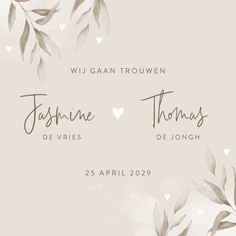 Beige trouwkaart met bladeren en hartje