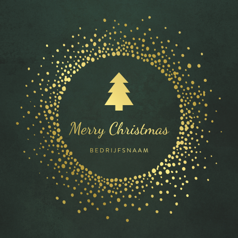 Groene kerstkaart met goudfolie stippen en kerstboom