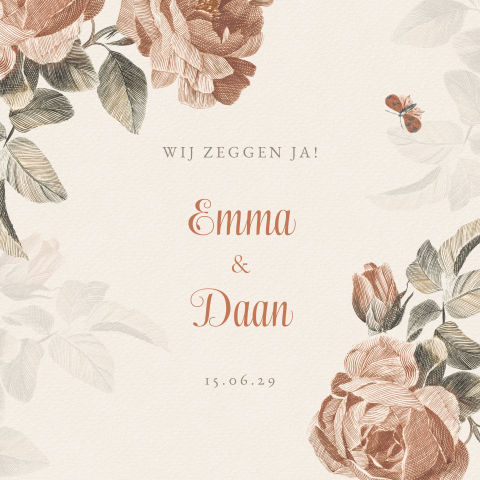 Vintage trouwkaart met grote rozen