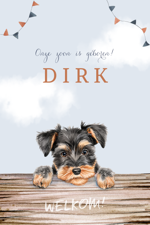 Blauw geboortekaartje met hondje (Yorkie)
