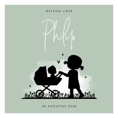 Silhouet geboortekaartje met zus en kinderwagen met baby jongen