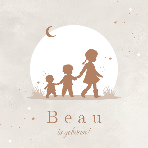 Geboortekaartje derde kindje met silhouet kinderen hand in hand