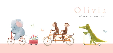 Lief geboortekaartje met fietsende olifant, aapjes en krokodil