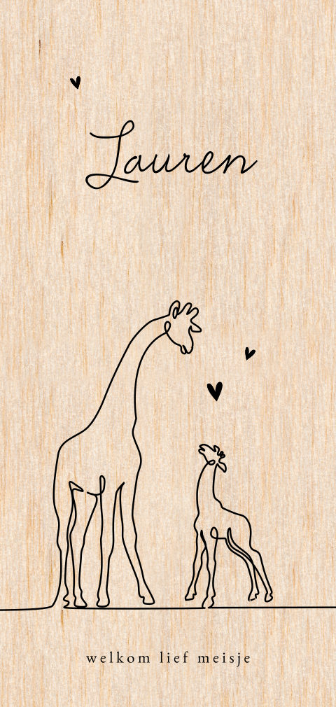 Houten geboortekaartje meisje met lijntekening van giraf en hartjes