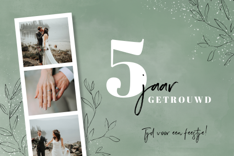 Jubileum uitnodiging met fotokader en getekende blaadjes