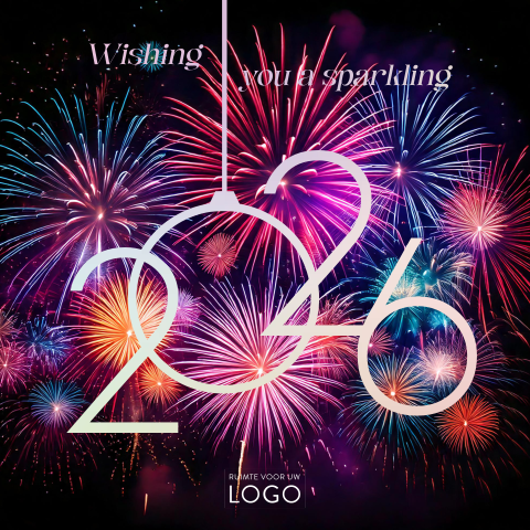 Sprankelende kerstkaart met vuurwerk, 2026 en foliedruk