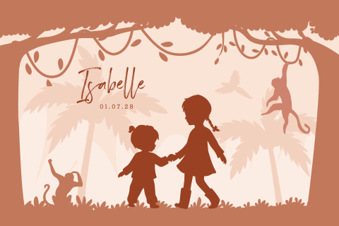 Jungle geboortekaartje in terra met silhouet zusjes