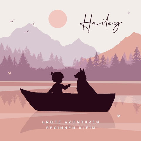 Silhouet geboortekaartje met meisje en hond in bootje