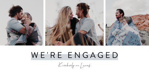 Verlovingskaart met strakke typografie en foto reeks