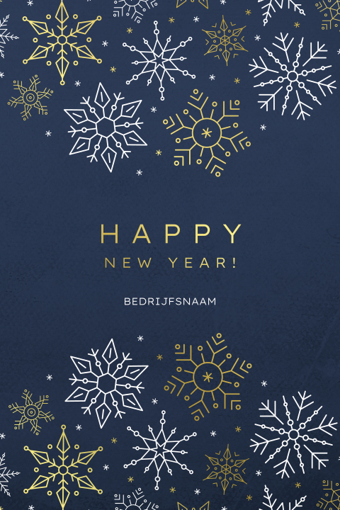 Donkerblauwe kerstkaart met ijssterren in wit en goudfolie
